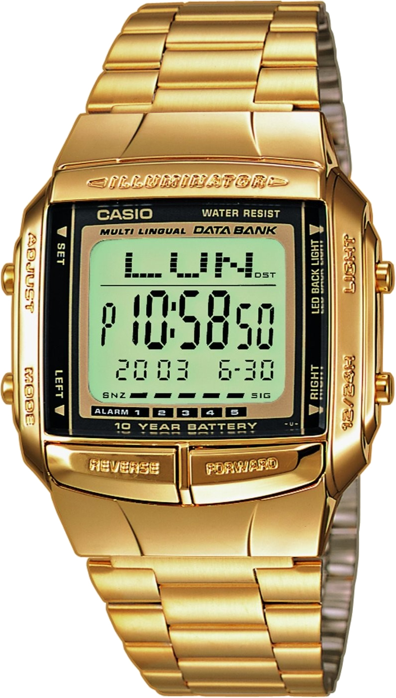 Casio Data Bank DB-360GN-9A / DB-360GN-9AER - мужские наручные часы Casio Data Bank DB-360GN-9A / DB-360GN-9AER - мужские наручные часыCasio<br><br><br>Бренд: Casio<br>Модель: Casio DB-360GN-9A<br>Артикул: DB-360GN-9A<br>Вариант артикула: DB-360GN-9AER<br>Коллекция: Data Bank<br>Подколлекция: None<br>Страна: Япония<br>Пол: мужские<br>Тип механизма: кварцевые<br>Механизм: None<br>Количество камней: None<br>Автоподзавод: None<br>Источник энергии: от батарейки<br>Срок службы элемента питания: None<br>Дисплей: цифры<br>Цифры: None<br>Водозащита: WR 30<br>Противоударные: None<br>Материал корпуса: нерж. сталь + пластик, покрытие: позолота<br>Материал браслета: не указан, покрытие: позолота<br>Материал безеля: None<br>Стекло: пластиковое<br>Антибликовое покрытие: None<br>Цвет корпуса: None<br>Цвет браслета: None<br>Цвет циферблата: None<br>Цвет безеля: None<br>Размеры: 37.7x43.1x10.4 мм<br>Диаметр: None<br>Диаметр корпуса: None<br>Толщина: None<br>Ширина ремешка: None<br>Вес: 58 г<br>Спорт-функции: секундомер, таймер обратного отсчета<br>Подсветка: дисплея<br>Вставка: None<br>Отображение даты: вечный календарь, число<br>Хронограф: None<br>Таймер: None<br>Термометр: None<br>Хронометр: None<br>GPS: None<br>Радиосинхронизация: None<br>Барометр: None<br>Скелетон: None<br>Дополнительная информация: телефонная книга на 30 номеров, повтор сигнала будильника и ежечасный сигнал<br>Дополнительные функции: второй часовой пояс, будильник (количество установок: 5)