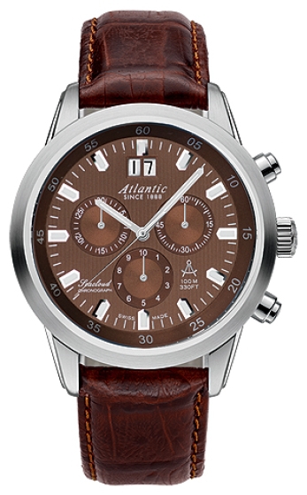 Atlantic 73460.41.81 - мужские наручные часы из коллекции Seacloud Atlantic 73460.41.81 - мужские наручные часы из коллекции SeacloudAtlantic<br><br><br>Бренд: Atlantic<br>Модель: Atlantic 73460.41.81<br>Артикул: 73460.41.81<br>Вариант артикула: None<br>Коллекция: Seacloud<br>Подколлекция: None<br>Страна: Швейцария<br>Пол: мужские<br>Тип механизма: кварцевые<br>Механизм: RONDA 5040B<br>Количество камней: None<br>Автоподзавод: None<br>Источник энергии: от батарейки<br>Срок службы элемента питания: None<br>Дисплей: стрелки<br>Цифры: отсутствуют<br>Водозащита: WR 100<br>Противоударные: None<br>Материал корпуса: нерж. сталь<br>Материал браслета: кожа (теленок)<br>Материал безеля: None<br>Стекло: сапфировое<br>Антибликовое покрытие: есть<br>Цвет корпуса: None<br>Цвет браслета: None<br>Цвет циферблата: None<br>Цвет безеля: None<br>Размеры: 43 мм<br>Диаметр: None<br>Диаметр корпуса: None<br>Толщина: None<br>Ширина ремешка: None<br>Вес: None<br>Спорт-функции: секундомер<br>Подсветка: стрелок<br>Вставка: None<br>Отображение даты: число<br>Хронограф: есть<br>Таймер: None<br>Термометр: None<br>Хронометр: None<br>GPS: None<br>Радиосинхронизация: None<br>Барометр: None<br>Скелетон: None<br>Дополнительная информация: None<br>Дополнительные функции: None