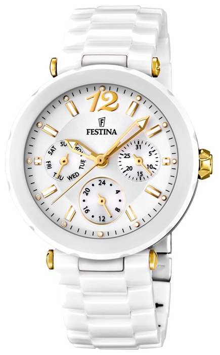 Festina F16641.3 - женские наручные часы из коллекции Ceramic Festina F16641.3 - женские наручные часы из коллекции CeramicFestina<br><br><br>Бренд: Festina<br>Модель: Festina F16641/3<br>Артикул: F16641.3<br>Вариант артикула: None<br>Коллекция: Ceramic<br>Подколлекция: None<br>Страна: Испания<br>Пол: женские<br>Тип механизма: кварцевые<br>Механизм: Miyota 6P79<br>Количество камней: None<br>Автоподзавод: None<br>Источник энергии: от батарейки<br>Срок службы элемента питания: None<br>Дисплей: стрелки<br>Цифры: арабские<br>Водозащита: WR 50<br>Противоударные: None<br>Материал корпуса: нерж. сталь + керамика, покрытие: позолота (частичное)<br>Материал браслета: керамика<br>Материал безеля: None<br>Стекло: минеральное<br>Антибликовое покрытие: None<br>Цвет корпуса: None<br>Цвет браслета: None<br>Цвет циферблата: None<br>Цвет безеля: None<br>Размеры: 38x9 мм<br>Диаметр: None<br>Диаметр корпуса: None<br>Толщина: None<br>Ширина ремешка: None<br>Вес: None<br>Спорт-функции: None<br>Подсветка: стрелок<br>Вставка: None<br>Отображение даты: число, день недели<br>Хронограф: None<br>Таймер: None<br>Термометр: None<br>Хронометр: None<br>GPS: None<br>Радиосинхронизация: None<br>Барометр: None<br>Скелетон: None<br>Дополнительная информация: элемент питания SR621SW, срок службы батарейки 3 года<br>Дополнительные функции: None
