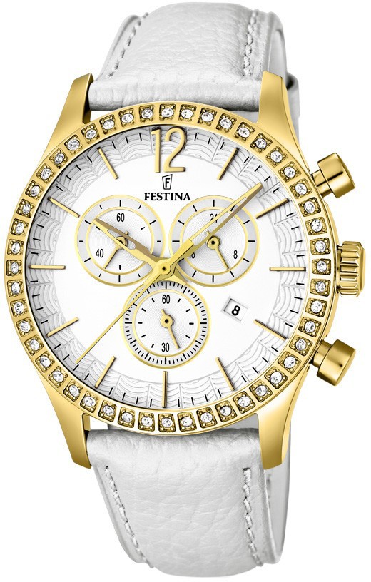 Festina F16605.1 - женские наручные часы из коллекции Fashion Festina F16605.1 - женские наручные часы из коллекции FashionFestina<br><br><br>Бренд: Festina<br>Модель: Festina F16605/1<br>Артикул: F16605.1<br>Вариант артикула: None<br>Коллекция: Fashion<br>Подколлекция: None<br>Страна: Испания<br>Пол: женские<br>Тип механизма: кварцевые<br>Механизм: Miyota FS00<br>Количество камней: None<br>Автоподзавод: None<br>Источник энергии: от батарейки<br>Срок службы элемента питания: None<br>Дисплей: стрелки<br>Цифры: арабские<br>Водозащита: WR 50<br>Противоударные: None<br>Материал корпуса: нерж. сталь, PVD покрытие: позолота (полное)<br>Материал браслета: кожа<br>Материал безеля: None<br>Стекло: минеральное<br>Антибликовое покрытие: None<br>Цвет корпуса: None<br>Цвет браслета: None<br>Цвет циферблата: None<br>Цвет безеля: None<br>Размеры: 41x12 мм<br>Диаметр: None<br>Диаметр корпуса: None<br>Толщина: None<br>Ширина ремешка: None<br>Вес: None<br>Спорт-функции: секундомер<br>Подсветка: None<br>Вставка: кристаллы Swarovski<br>Отображение даты: число<br>Хронограф: есть<br>Таймер: None<br>Термометр: None<br>Хронометр: None<br>GPS: None<br>Радиосинхронизация: None<br>Барометр: None<br>Скелетон: None<br>Дополнительная информация: элемент питания SR626SW, срок службы батарейки 2 года<br>Дополнительные функции: второй часовой пояс