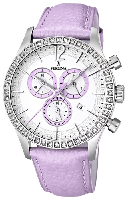 Festina F16590.3 - женские наручные часы из коллекции Chronograph Festina F16590.3 - женские наручные часы из коллекции ChronographFestina<br><br><br>Бренд: Festina<br>Модель: Festina F16590/3<br>Артикул: F16590.3<br>Вариант артикула: None<br>Коллекция: Chronograph<br>Подколлекция: None<br>Страна: Испания<br>Пол: женские<br>Тип механизма: кварцевые<br>Механизм: None<br>Количество камней: None<br>Автоподзавод: None<br>Источник энергии: от батарейки<br>Срок службы элемента питания: None<br>Дисплей: стрелки<br>Цифры: арабские<br>Водозащита: WR 50<br>Противоударные: None<br>Материал корпуса: нерж. сталь<br>Материал браслета: кожа<br>Материал безеля: None<br>Стекло: минеральное<br>Антибликовое покрытие: None<br>Цвет корпуса: None<br>Цвет браслета: None<br>Цвет циферблата: None<br>Цвет безеля: None<br>Размеры: 40x12.2 мм<br>Диаметр: None<br>Диаметр корпуса: None<br>Толщина: None<br>Ширина ремешка: None<br>Вес: 73 г<br>Спорт-функции: секундомер<br>Подсветка: None<br>Вставка: None<br>Отображение даты: число<br>Хронограф: есть<br>Таймер: None<br>Термометр: None<br>Хронометр: None<br>GPS: None<br>Радиосинхронизация: None<br>Барометр: None<br>Скелетон: None<br>Дополнительная информация: None<br>Дополнительные функции: None