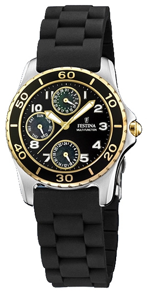 Festina F16201.A - женские наручные часы из коллекции Multifunction Festina F16201.A - женские наручные часы из коллекции MultifunctionFestina<br><br><br>Бренд: Festina<br>Модель: Festina F16201/A<br>Артикул: F16201.A<br>Вариант артикула: None<br>Коллекция: Multifunction<br>Подколлекция: None<br>Страна: Испания<br>Пол: женские<br>Тип механизма: кварцевые<br>Механизм: Miyota 6P27<br>Количество камней: None<br>Автоподзавод: None<br>Источник энергии: от батарейки<br>Срок службы элемента питания: None<br>Дисплей: стрелки<br>Цифры: арабские<br>Водозащита: WR 100<br>Противоударные: None<br>Материал корпуса: нерж. сталь, PVD покрытие (частичное)<br>Материал браслета: каучук<br>Материал безеля: None<br>Стекло: минеральное<br>Антибликовое покрытие: None<br>Цвет корпуса: None<br>Цвет браслета: None<br>Цвет циферблата: None<br>Цвет безеля: None<br>Размеры: 35x35x10 мм<br>Диаметр: None<br>Диаметр корпуса: None<br>Толщина: None<br>Ширина ремешка: None<br>Вес: None<br>Спорт-функции: None<br>Подсветка: стрелок<br>Вставка: None<br>Отображение даты: число, день недели<br>Хронограф: None<br>Таймер: None<br>Термометр: None<br>Хронометр: None<br>GPS: None<br>Радиосинхронизация: None<br>Барометр: None<br>Скелетон: None<br>Дополнительная информация: элемент питания SR621SW, срок службы батарейки 2 года<br>Дополнительные функции: None