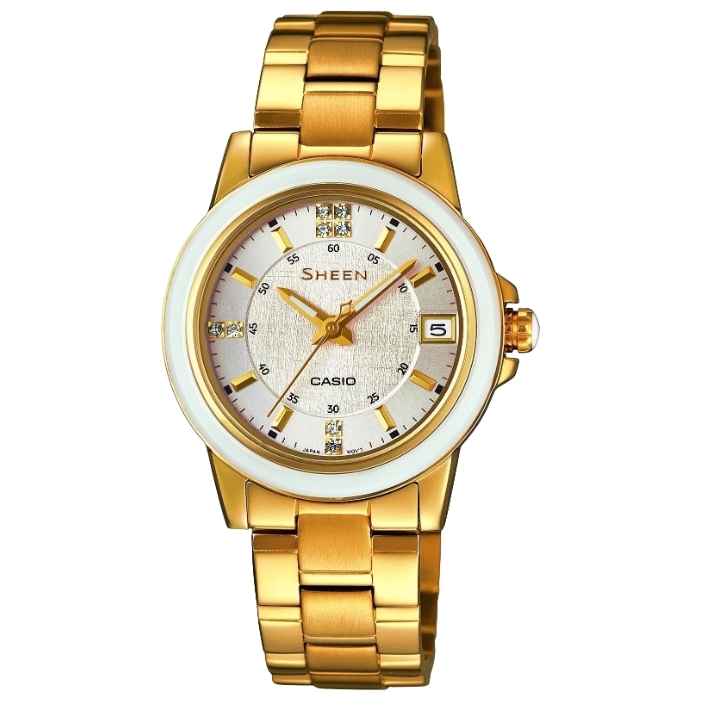 Casio Sheen SHE-4512G-7A / SHE-4512G-7AER - женские наручные часы Casio Sheen SHE-4512G-7A / SHE-4512G-7AER - женские наручные часыCasio<br><br><br>Бренд: Casio<br>Модель: Casio SHE-4512G-7A<br>Артикул: SHE-4512G-7A<br>Вариант артикула: SHE-4512G-7AER<br>Коллекция: Sheen<br>Подколлекция: None<br>Страна: Япония<br>Пол: женские<br>Тип механизма: кварцевые<br>Механизм: None<br>Количество камней: None<br>Автоподзавод: None<br>Источник энергии: от батарейки<br>Срок службы элемента питания: None<br>Дисплей: стрелки<br>Цифры: отсутствуют<br>Водозащита: WR 50<br>Противоударные: None<br>Материал корпуса: нерж. сталь + керамика, частичное покрытие корпуса<br>Материал браслета: нерж. сталь, полное дополнительное покрытие<br>Материал безеля: None<br>Стекло: сапфировое<br>Антибликовое покрытие: None<br>Цвет корпуса: None<br>Цвет браслета: None<br>Цвет циферблата: None<br>Цвет безеля: None<br>Размеры: 31.2x35x8 мм<br>Диаметр: None<br>Диаметр корпуса: None<br>Толщина: None<br>Ширина ремешка: None<br>Вес: 130 г<br>Спорт-функции: None<br>Подсветка: стрелок<br>Вставка: кристаллы Swarovski<br>Отображение даты: число<br>Хронограф: None<br>Таймер: None<br>Термометр: None<br>Хронометр: None<br>GPS: None<br>Радиосинхронизация: None<br>Барометр: None<br>Скелетон: None<br>Дополнительная информация: элемент питания SR920SW, срок службы батарейки 3 года<br>Дополнительные функции: None