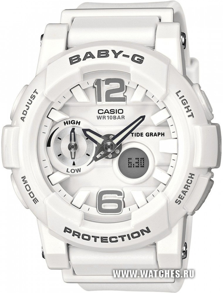 Casio Baby-G BGA-180-7B1 / BGA-180-7B1ER - женские наручные часы Casio Baby-G BGA-180-7B1 / BGA-180-7B1ER - женские наручные часыCasio<br><br><br>Бренд: Casio<br>Модель: Casio BGA-180-7B1<br>Артикул: BGA-180-7B1<br>Вариант артикула: BGA-180-7B1ER<br>Коллекция: Baby-G<br>Подколлекция: None<br>Страна: Япония<br>Пол: женские<br>Тип механизма: кварцевые<br>Механизм: None<br>Количество камней: None<br>Автоподзавод: None<br>Источник энергии: от батарейки<br>Срок службы элемента питания: None<br>Дисплей: стрелки + цифры<br>Цифры: арабские<br>Водозащита: WR 100<br>Противоударные: есть<br>Материал корпуса: пластик<br>Материал браслета: пластик<br>Материал безеля: None<br>Стекло: минеральное<br>Антибликовое покрытие: None<br>Цвет корпуса: None<br>Цвет браслета: None<br>Цвет циферблата: None<br>Цвет безеля: None<br>Размеры: 44x49.3x15.4 мм<br>Диаметр: None<br>Диаметр корпуса: None<br>Толщина: None<br>Ширина ремешка: None<br>Вес: 46 г<br>Спорт-функции: секундомер, таймер обратного отсчета, термометр<br>Подсветка: дисплея, стрелок<br>Вставка: None<br>Отображение даты: вечный календарь, число, месяц, день недели<br>Хронограф: None<br>Таймер: None<br>Термометр: None<br>Хронометр: None<br>GPS: None<br>Радиосинхронизация: None<br>Барометр: None<br>Скелетон: None<br>Дополнительная информация: ежечасный сигнал, отображение сведений о приливах и отливах, функция включения/отключения звука кнопок, элемент питания SR726W x 2, срок службы батареек 2 года<br>Дополнительные функции: второй часовой пояс, указатель фаз луны, будильник